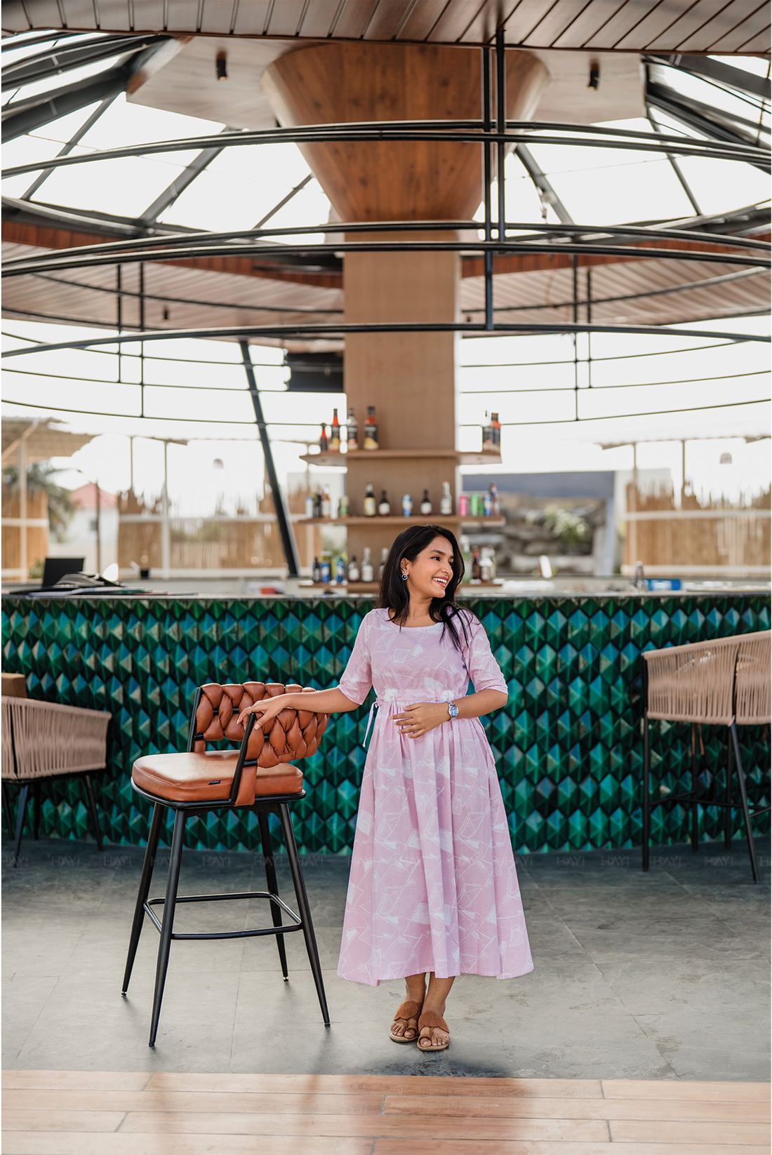 Soft Focus Light Pink Cotton Blend Dress with Round Neck &amp; Fabric Rope Tie