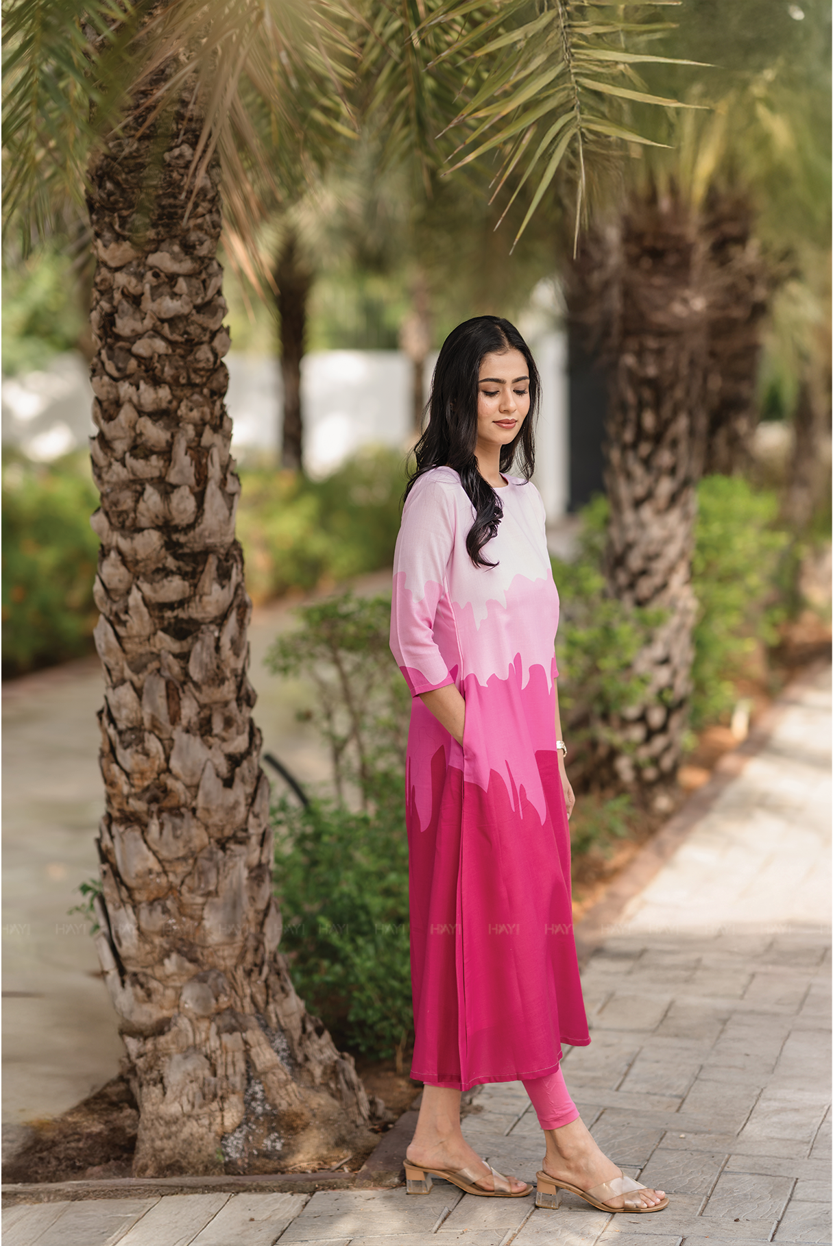 Blush Cascade Pink Linen Blend Dress with Boat neck &amp; Digital Placement Print