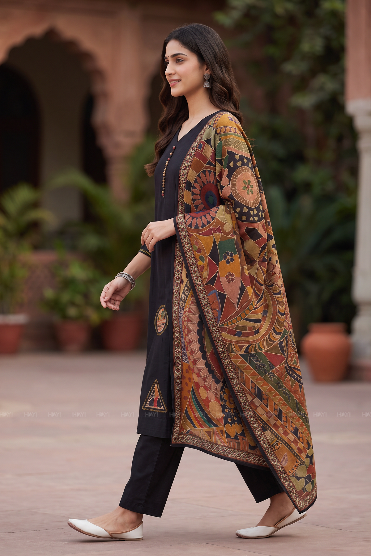 Artisan Mosaic Black Silk Blend Printed &amp; Embroidered 3-Piece Kurta Set