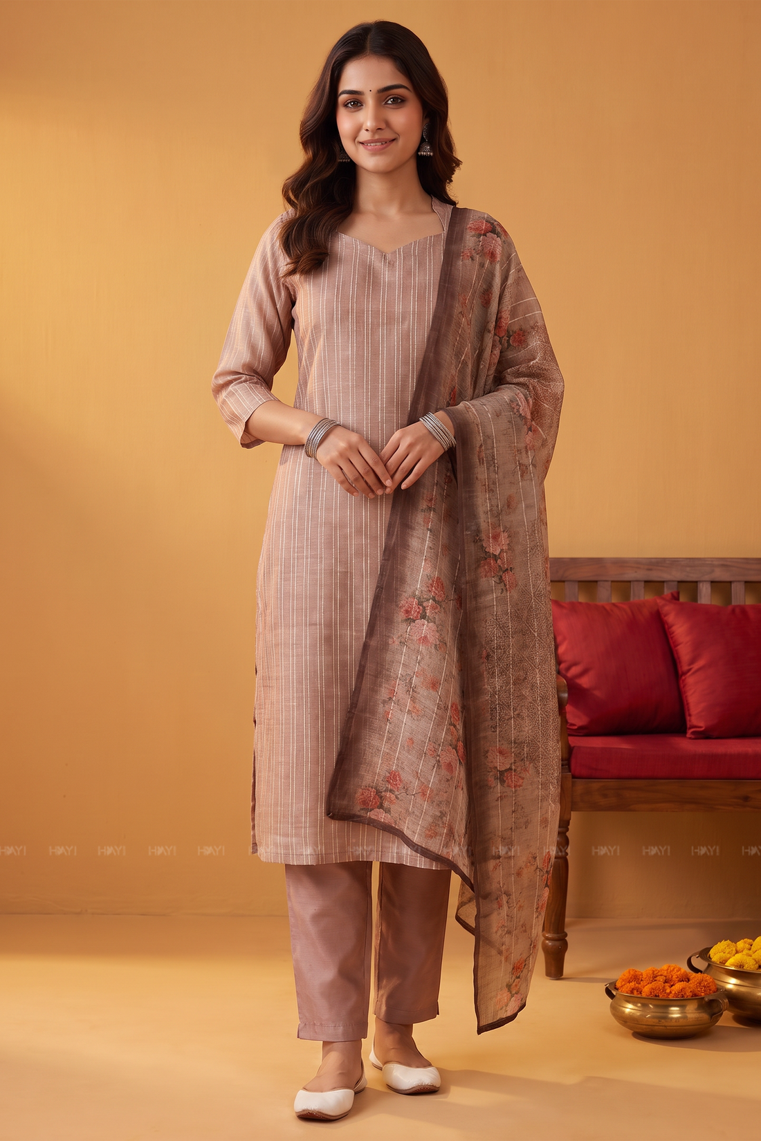 Rose Grace Beige Tussar Silk Blend 3-Piece Printed Kurta Set