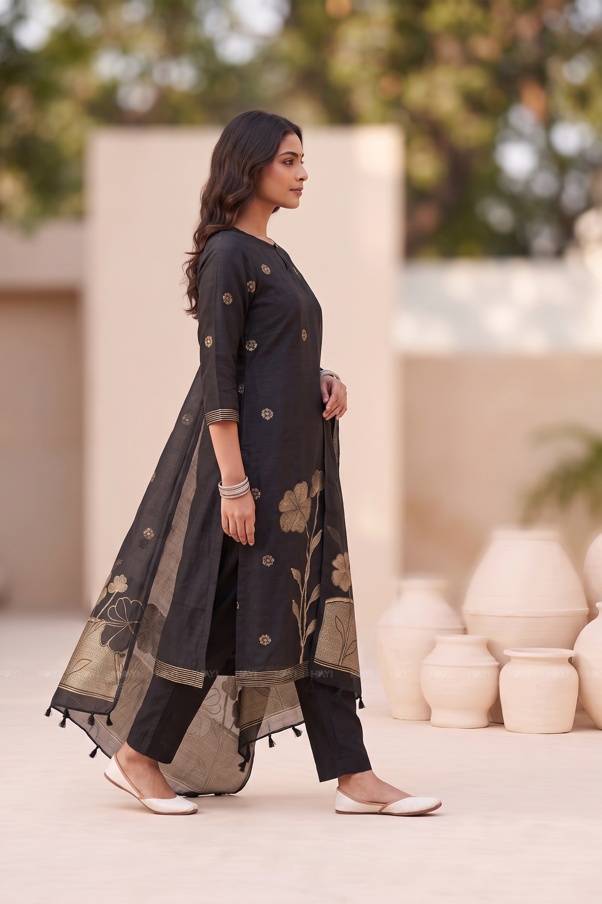 Midnight Zari Black 3 Piece Silk-Blend Kurti Set with Dupatta