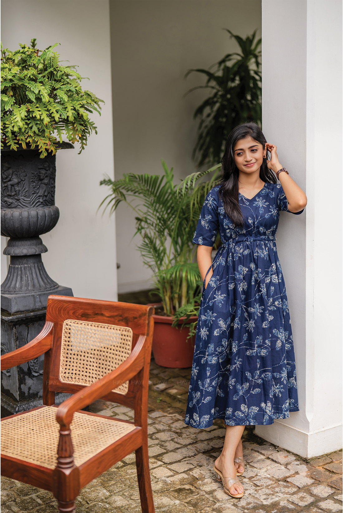 Floralia Blue Cotton Dress with V-Neck &amp; Fabric Rope Detail