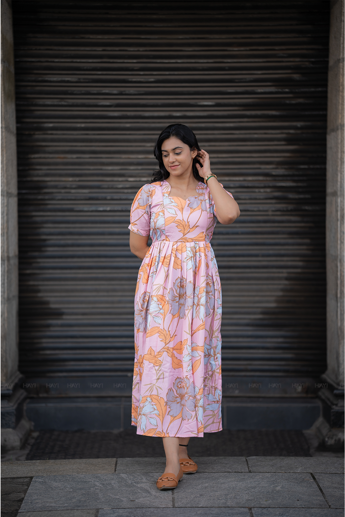 Florenza Pink floral printed Maternity and Feeding Cotton Blend Dress