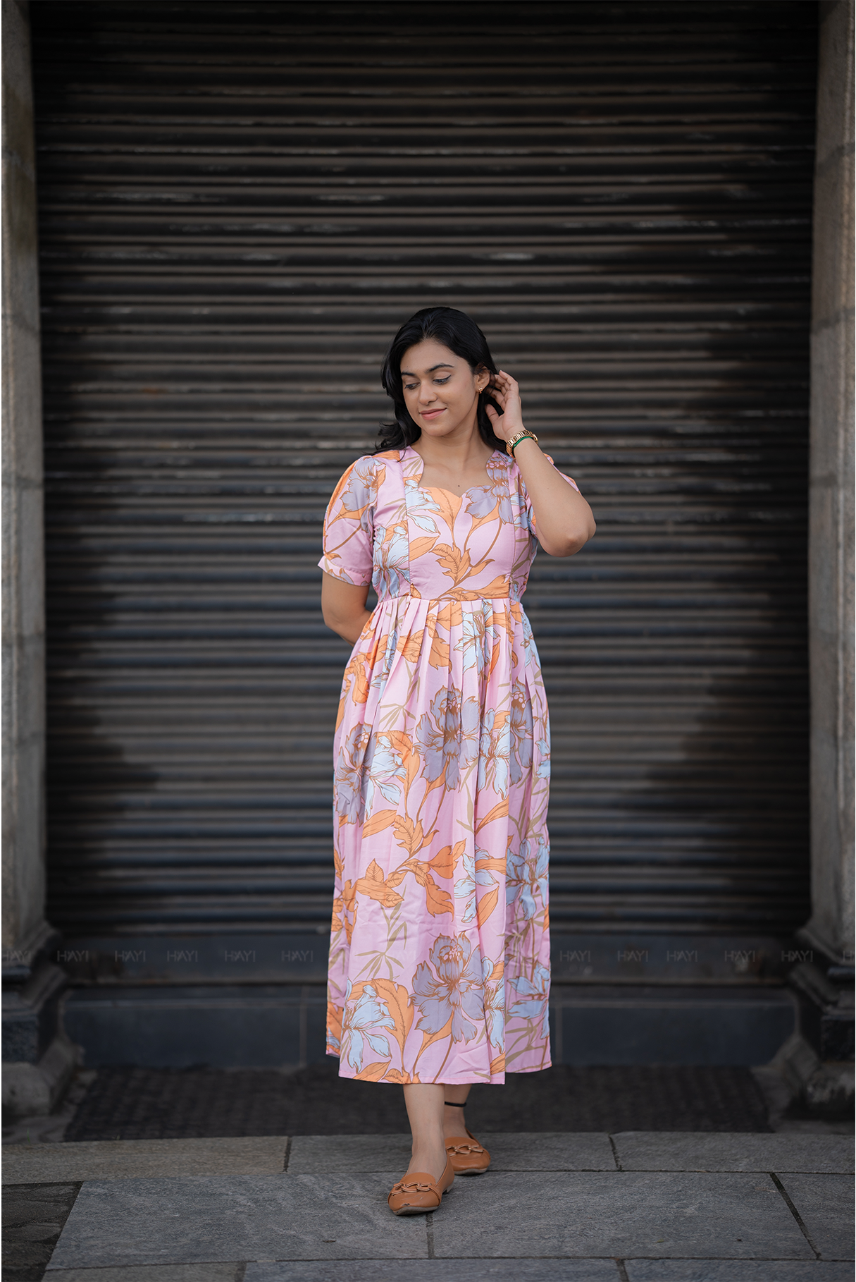 Florenza Pink floral printed Maternity and Feeding Cotton Blend Dress
