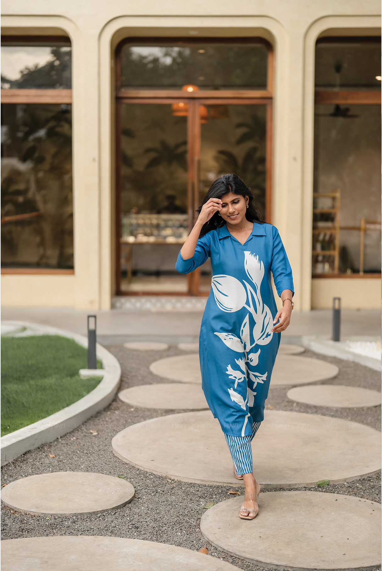 Moonbloom Stride Blue Linen Blend A-Line Kurta Set with Shirt Collar &amp; Placement Print