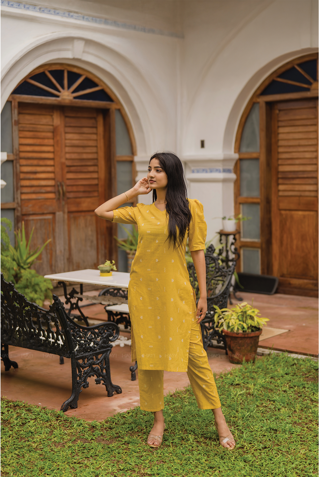 Sunfold Bloom Yellow Handloom Co-ord with V-Neckline &amp; Leg-O-Mutton Sleeves
