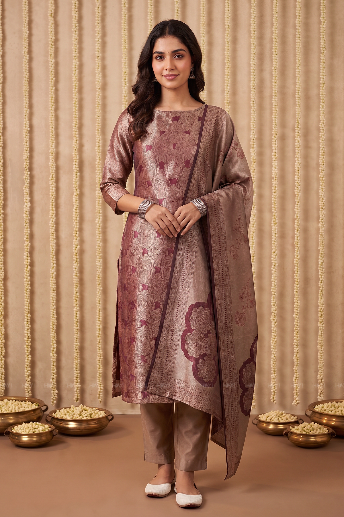 Mauve Sunburst Red Silk Blend Jacquard 2-Piece Set