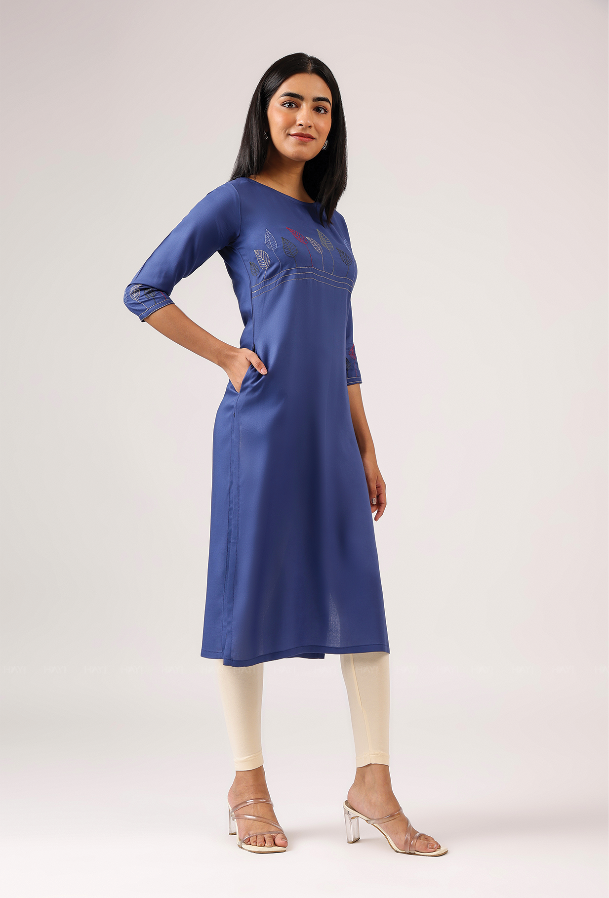 Drawn Blue with Ink Weave Leaf Embroidery Viscose Kurta