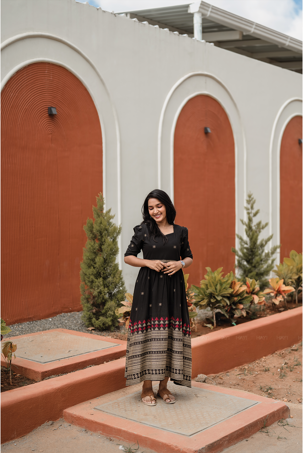 Starlight Black Handloom Dress with Sweetheart Neck &amp; Leg-O-Mutton Sleeves