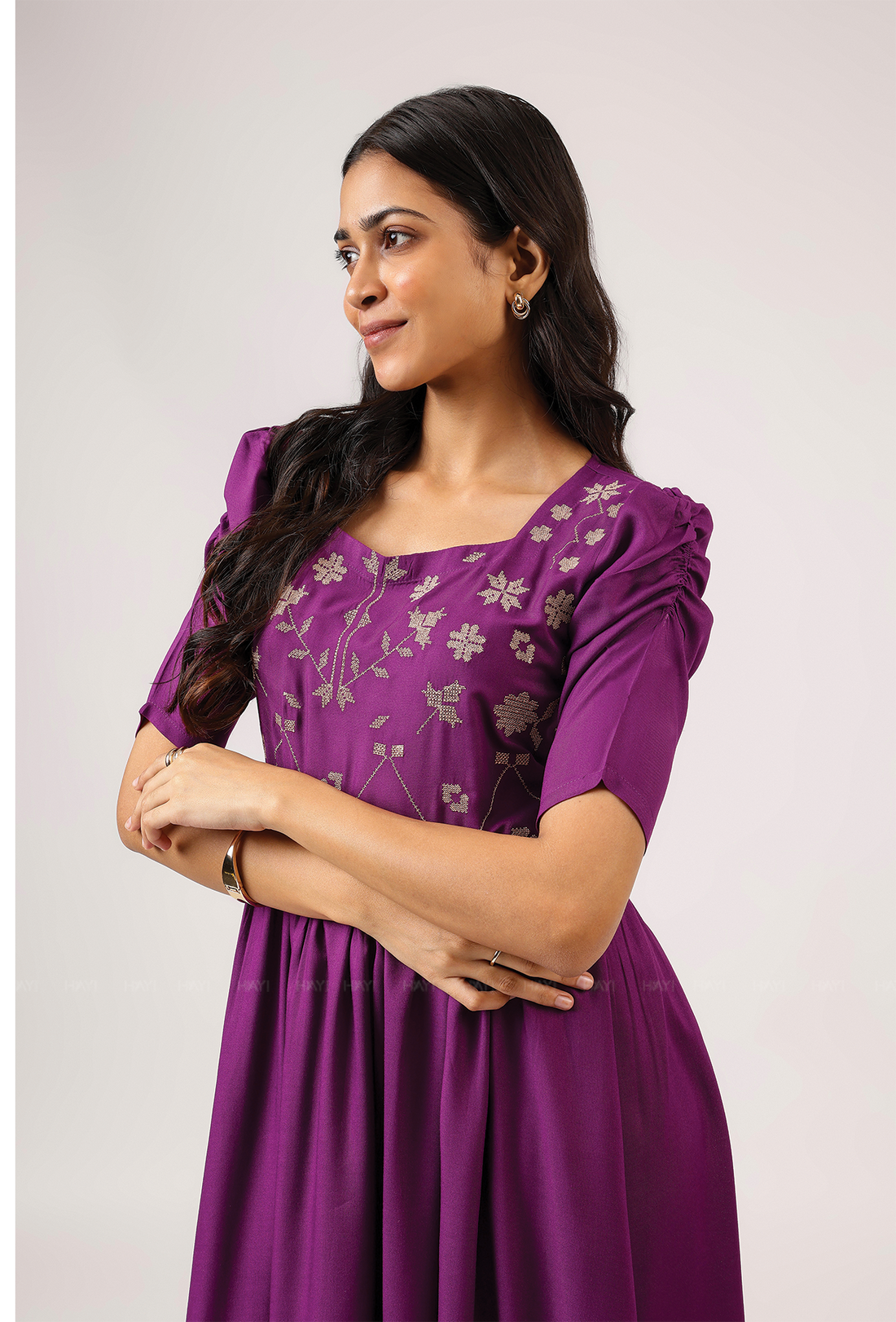 Plum Royal with floral printed Viscose Dress