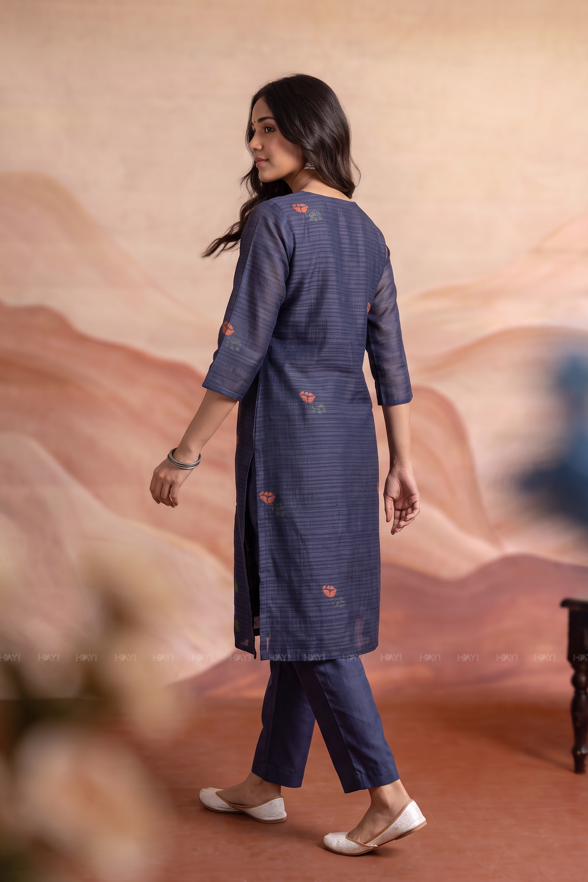 Bird Botanica Blue Tussar Silk Blend Floral Printed 3-Piece Kurta Set with Dupatta