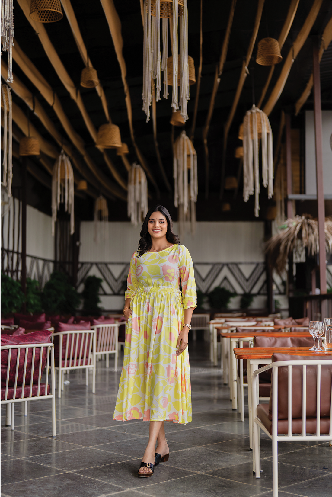 Bloom Breeze Green Viscose Dress with Boat Neck &amp; 3/4th Sleeves