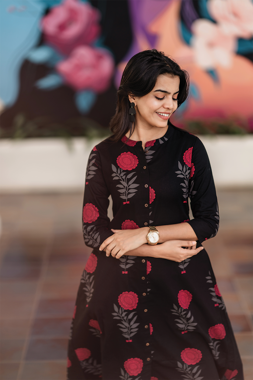 Fuchsia Mist Black Cotton Co-ord with Chinese collar &amp; 3/4th sleeves