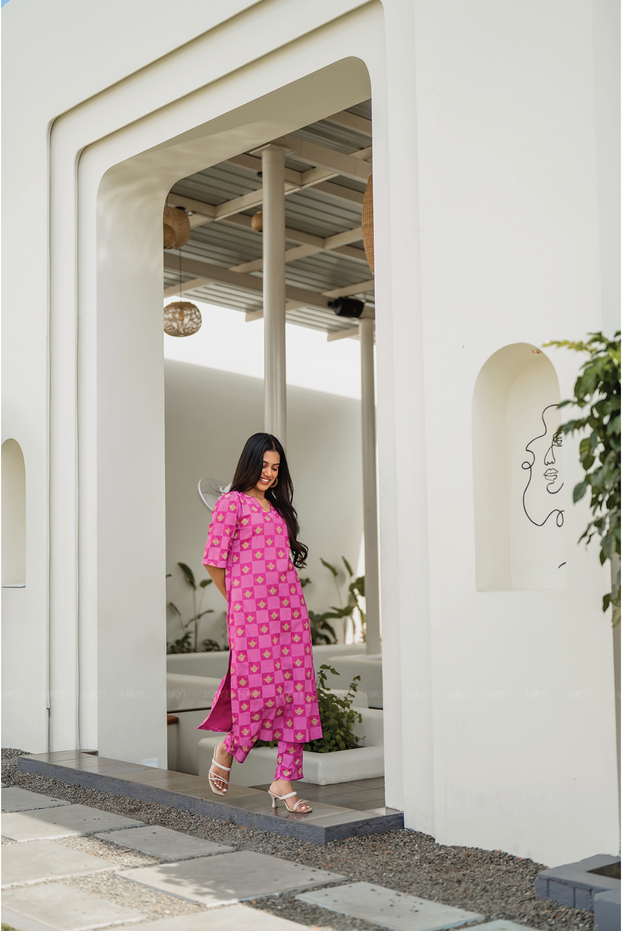 Pink Lattice Glam Viscose Co-ord with V-Neck &amp; Lace