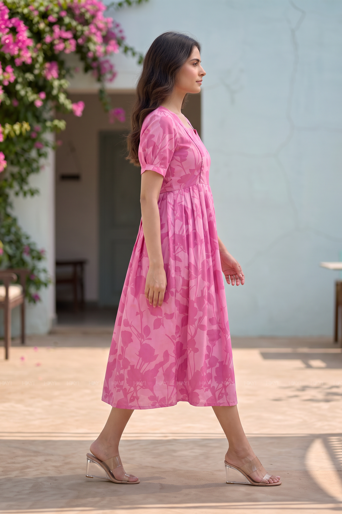 Botanical Trace Pink Printed Cotton Blend Maternity Dress