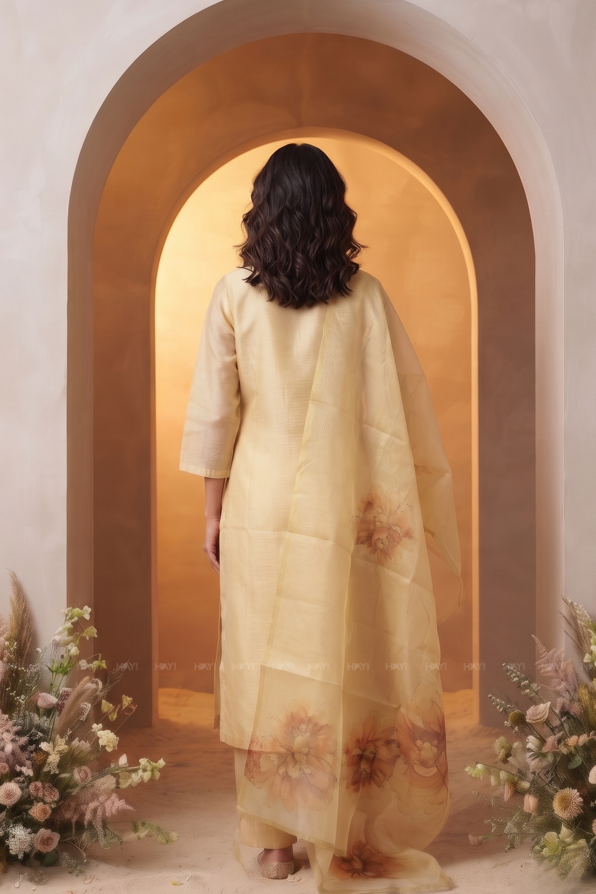 Mimsa Yellow Shimmer Tissue Kurta Set with Dupatta