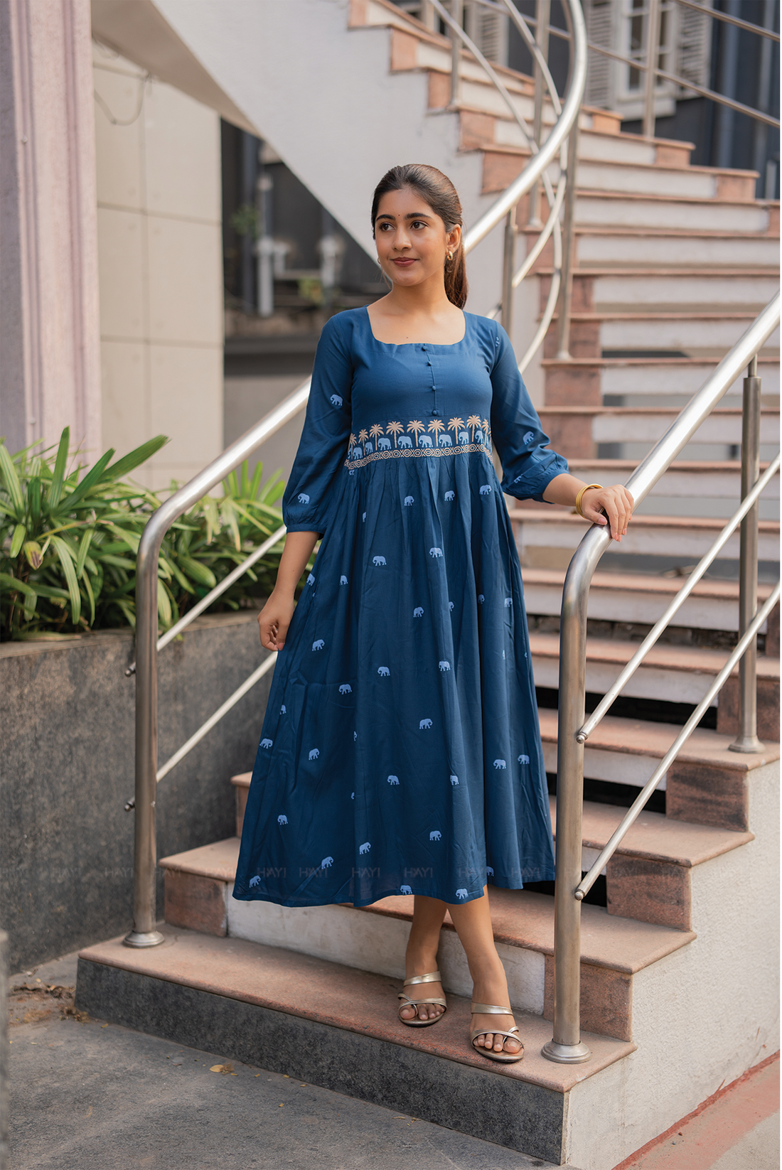 Tusker Tale Greyish Blue Viscose Dress with Round Square Neckline &amp; 3/4th Sleeves