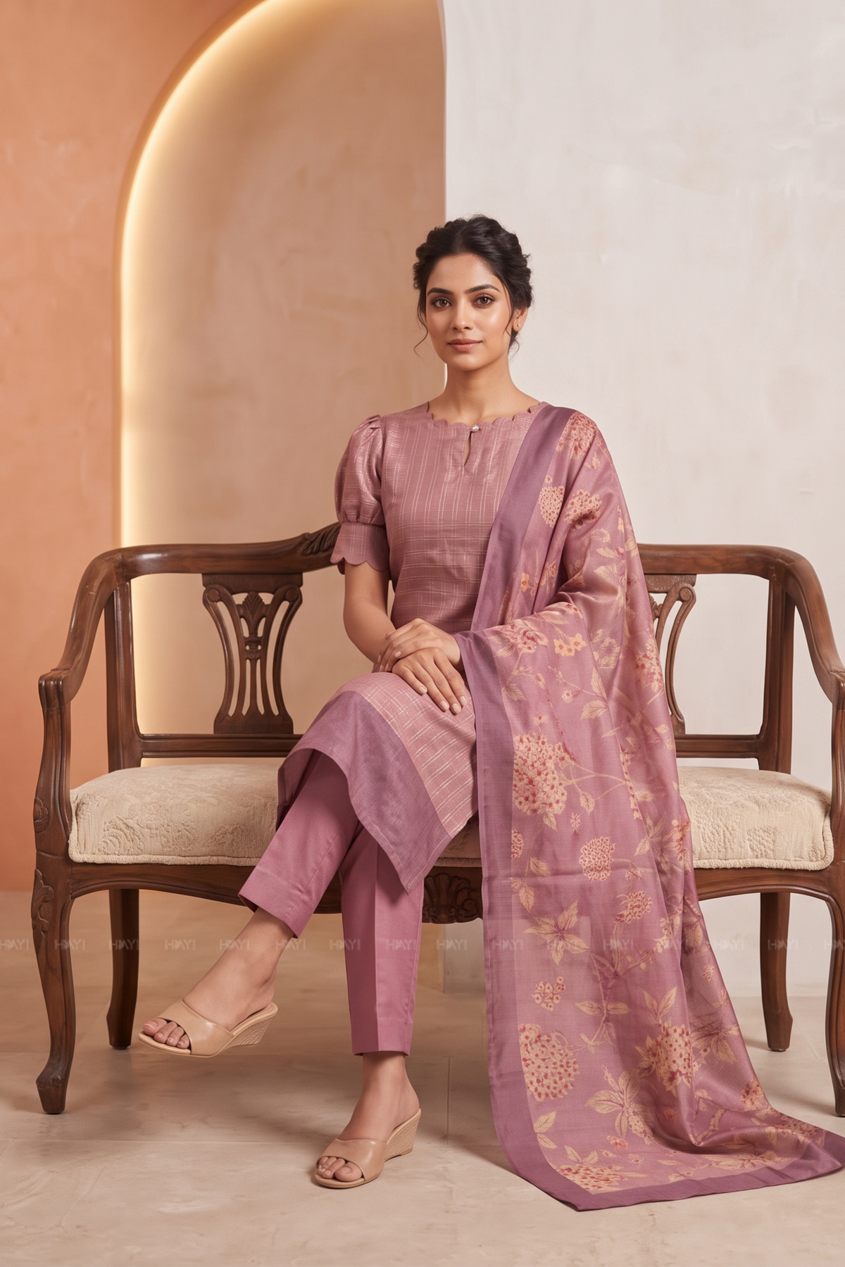 Dusky Pink Satin Daman 3 Piece Silk Check Blend Floral Printed Kurta with Pant &amp; Dupatta
