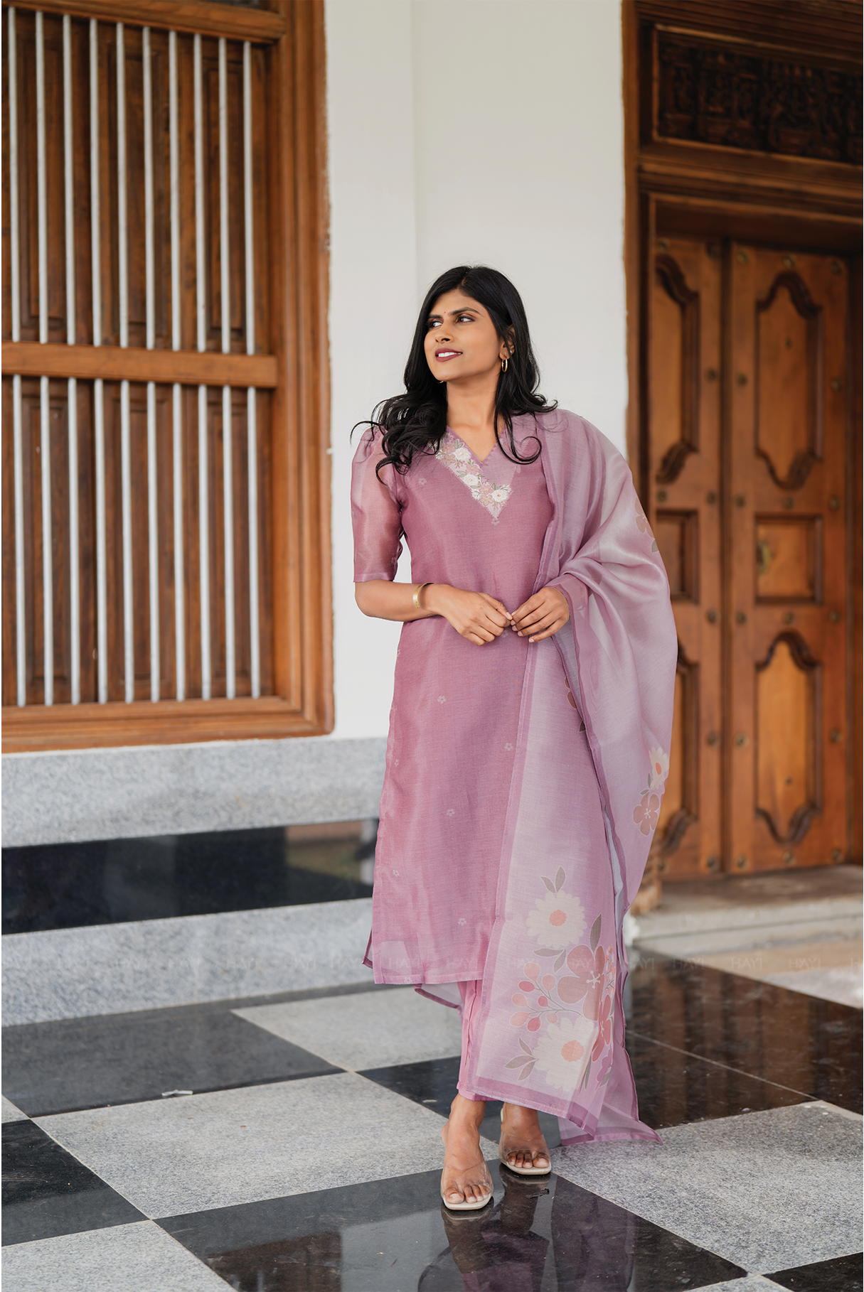 Pinkshift Shimmer 3 Piece Tissue Hand-Embroidered Kurta with Pant &amp; Dupatta