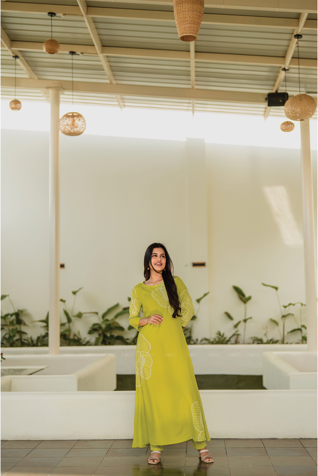 Leaf Light Charm Green Viscose Co-ord with Boat Neck &amp; 3/4th Sleeves