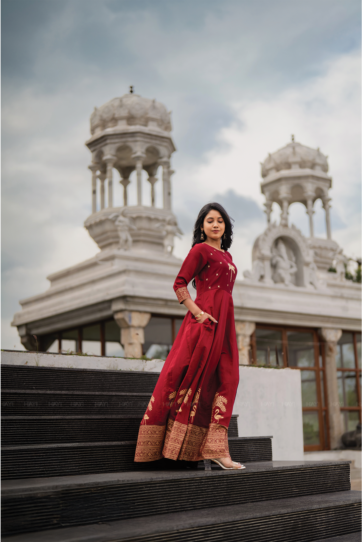 Palm Lustre Deep Red Viscose Placement Print Embroidered Anarkali with Round Neck &amp; 3/4th Sleeves