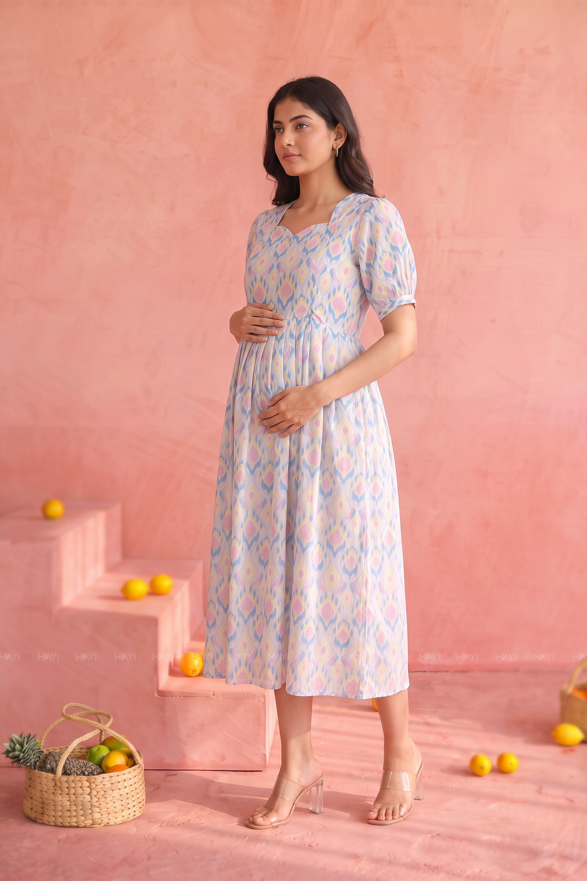 Ikat Mirage Blue Cotton Blend Maternity Dress