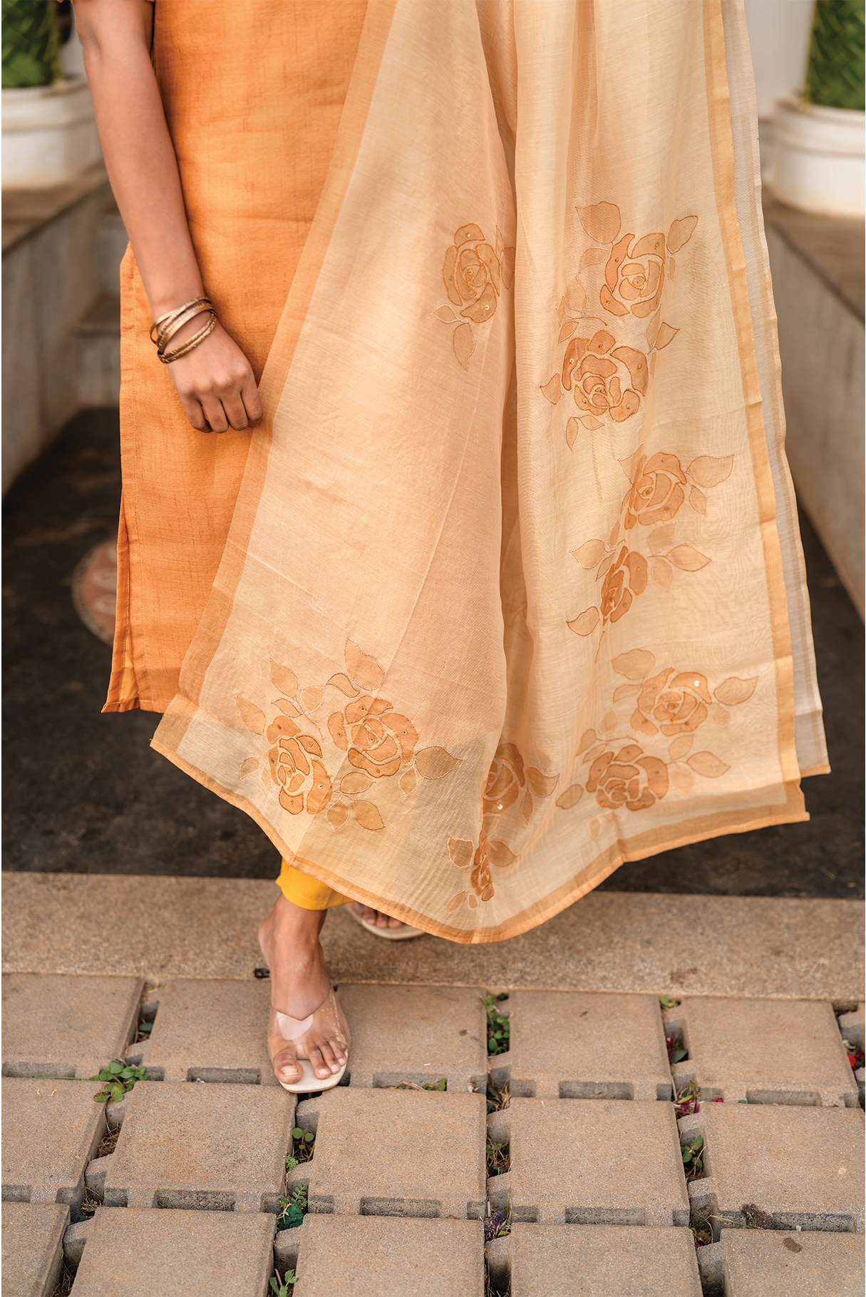 Aurel Yellow 3 Piece Tussar Silk Blend Printed Kurta with Pant &amp; Dupatta