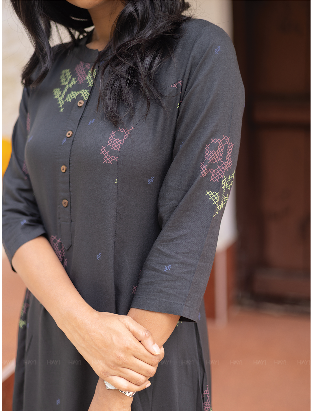 Elarose Dark Gray A-line Viscose Dress with Chinese Collar neck &amp; 3/4th Sleeves