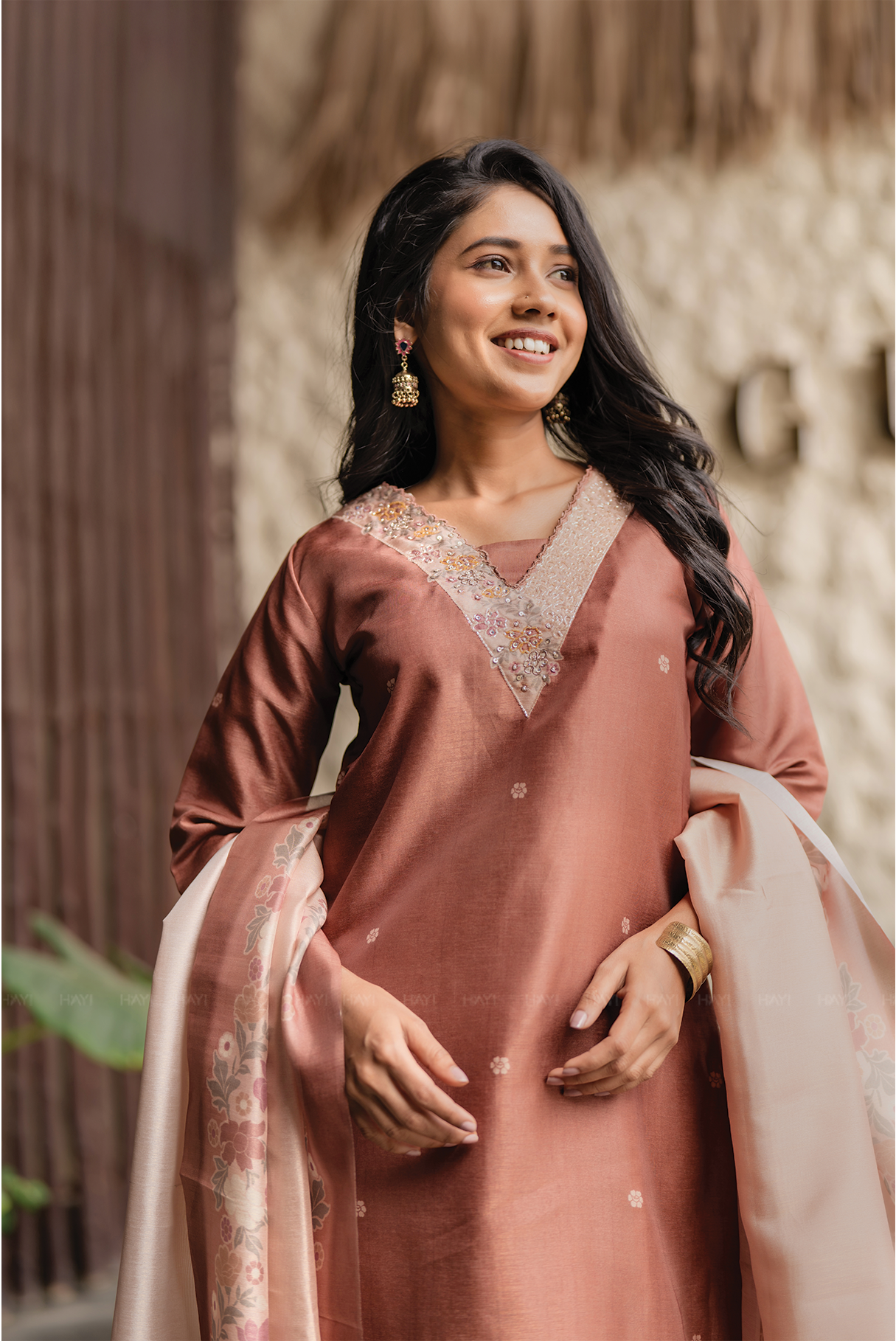 Rubyruche Cinnamon Red Embroidered 3 Piece Organza Silk Blend Kurti Set with Dupatta