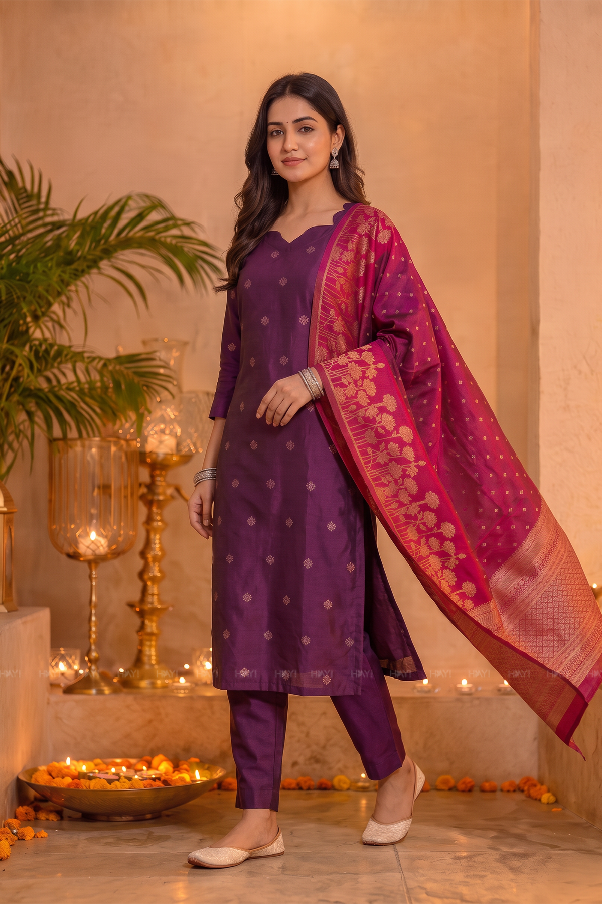 Blooming Amethyst Purple Silk Blend Jacquard Woven 3-Piece Kurta Set