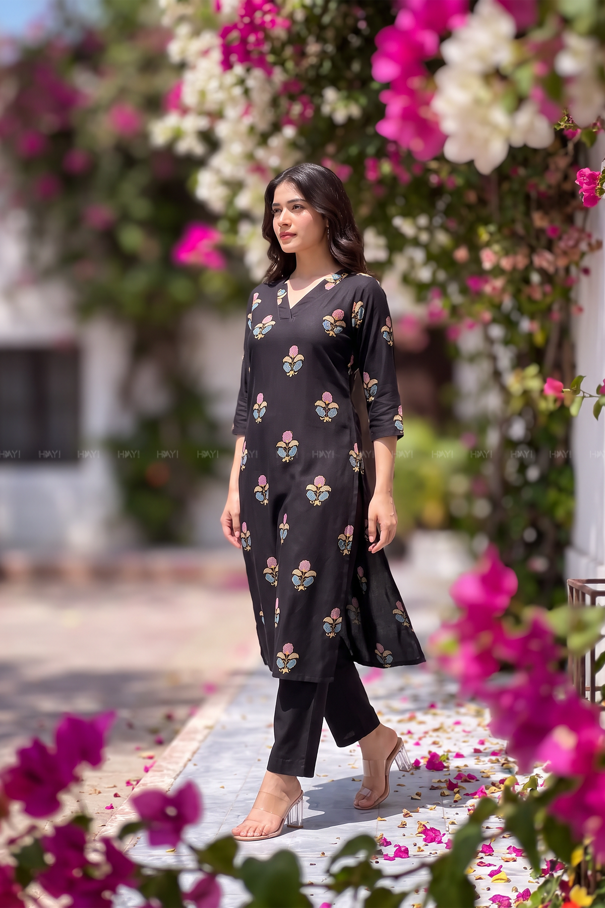 Floral Reverie Black Viscose Printed Kurta