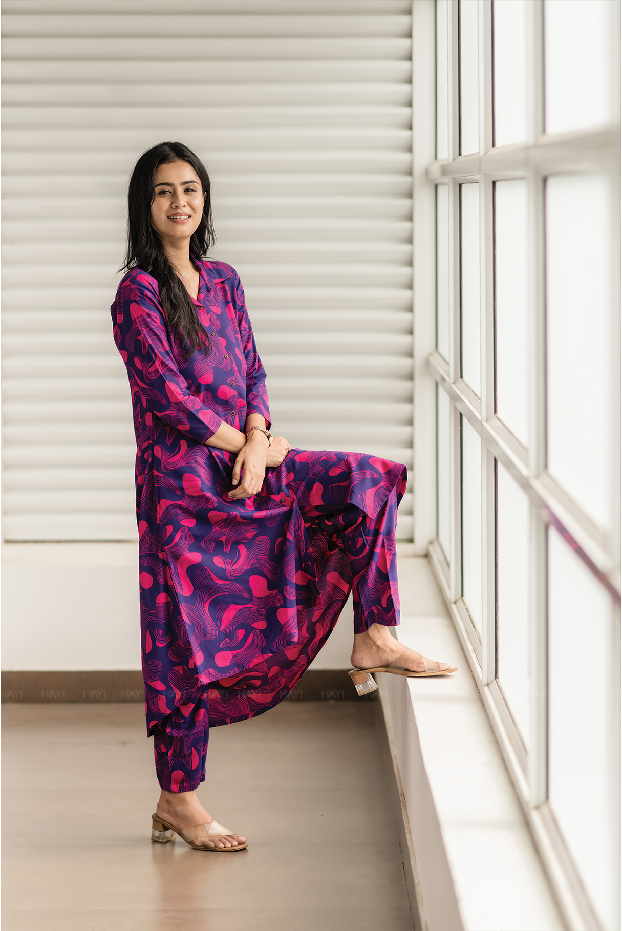 Mystic Swirl Violet Viscose Co-ord with Shirt Collar &amp; Print