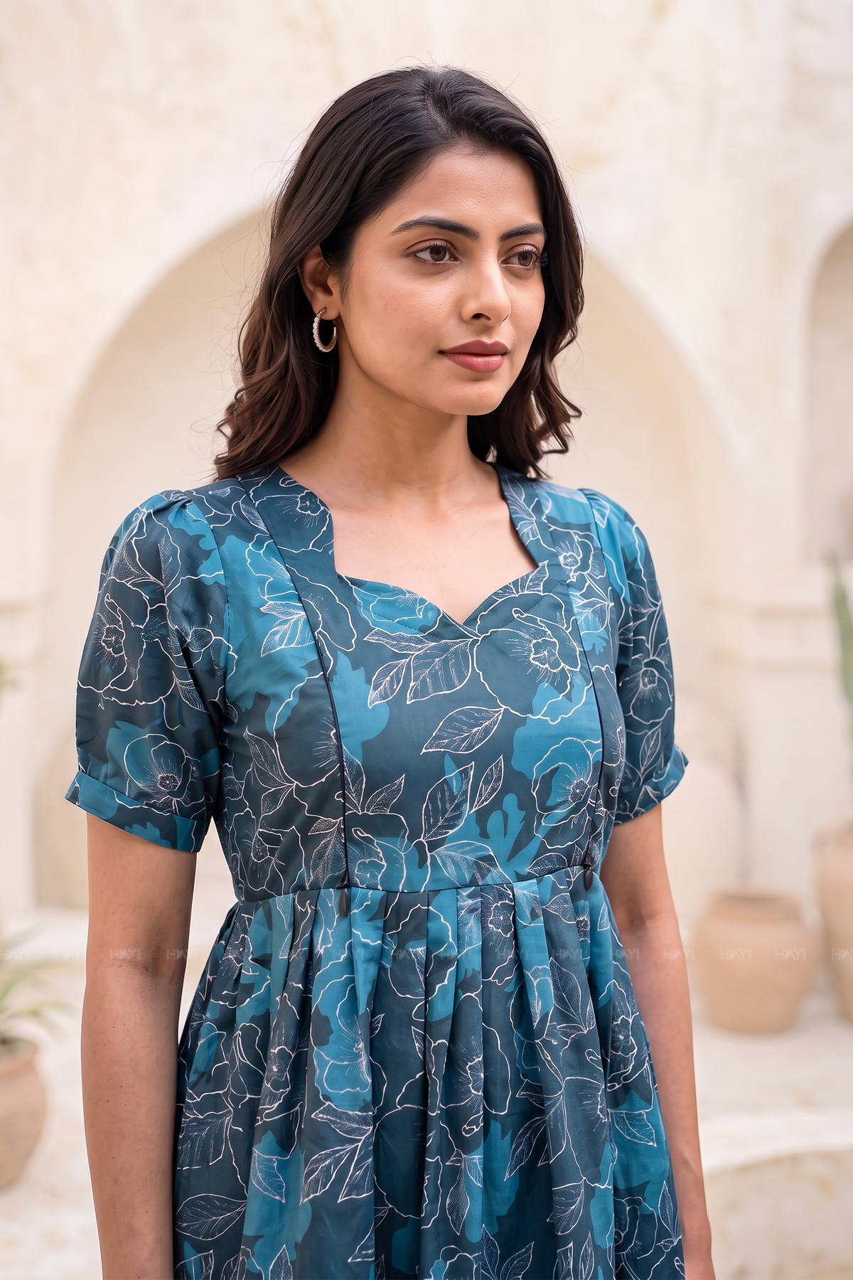 Whimsical Botanical Teal Printed Maternity Maxi Dress