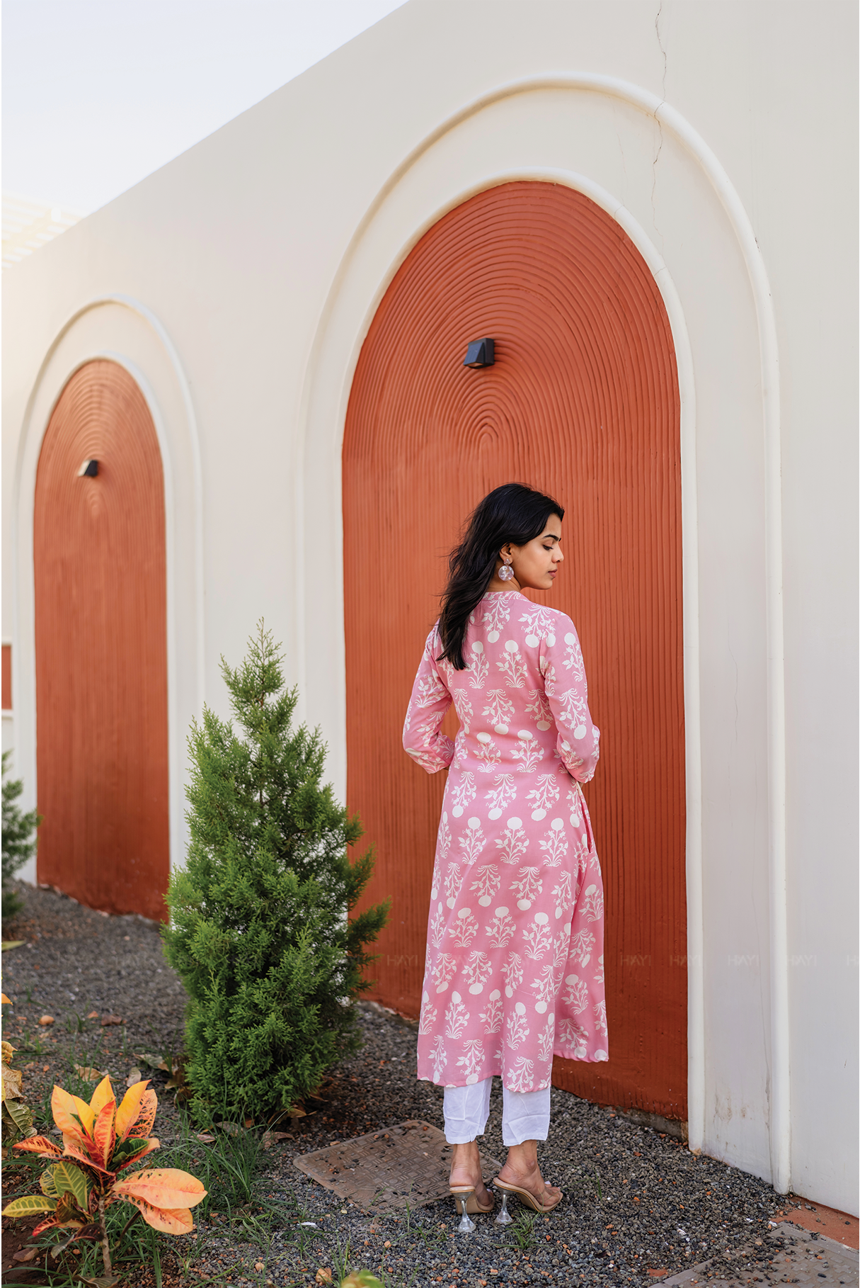 Blush Tale Pink Viscose A-line Dress with Chinese Collar &amp; 3/4th Sleeves