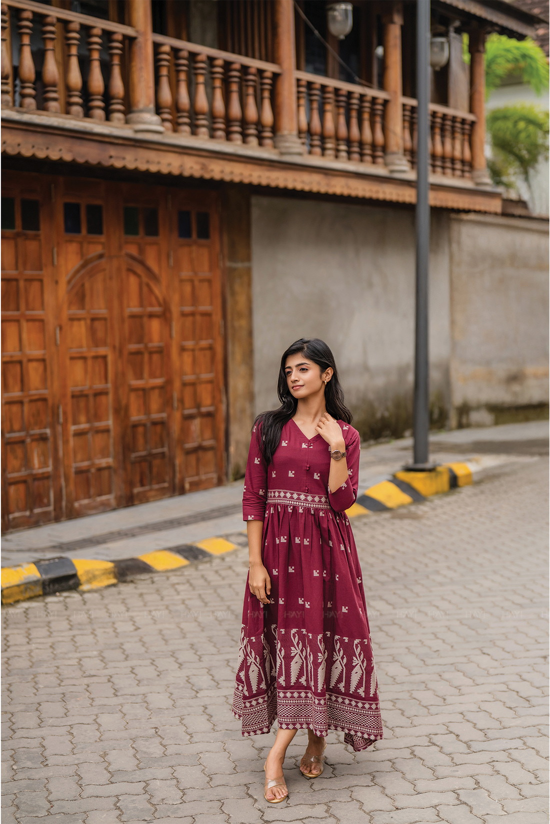 Rosebud Pink Handloom Dress with Straight V-Neck &amp; 3/4 Sleeves