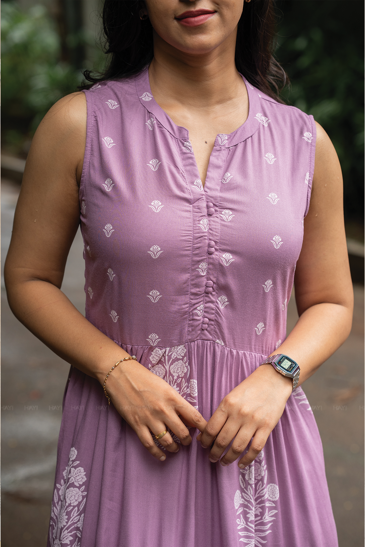 Wisteria Haze Lavender Viscose Dress with Chinese Collar &amp; V-Cut
