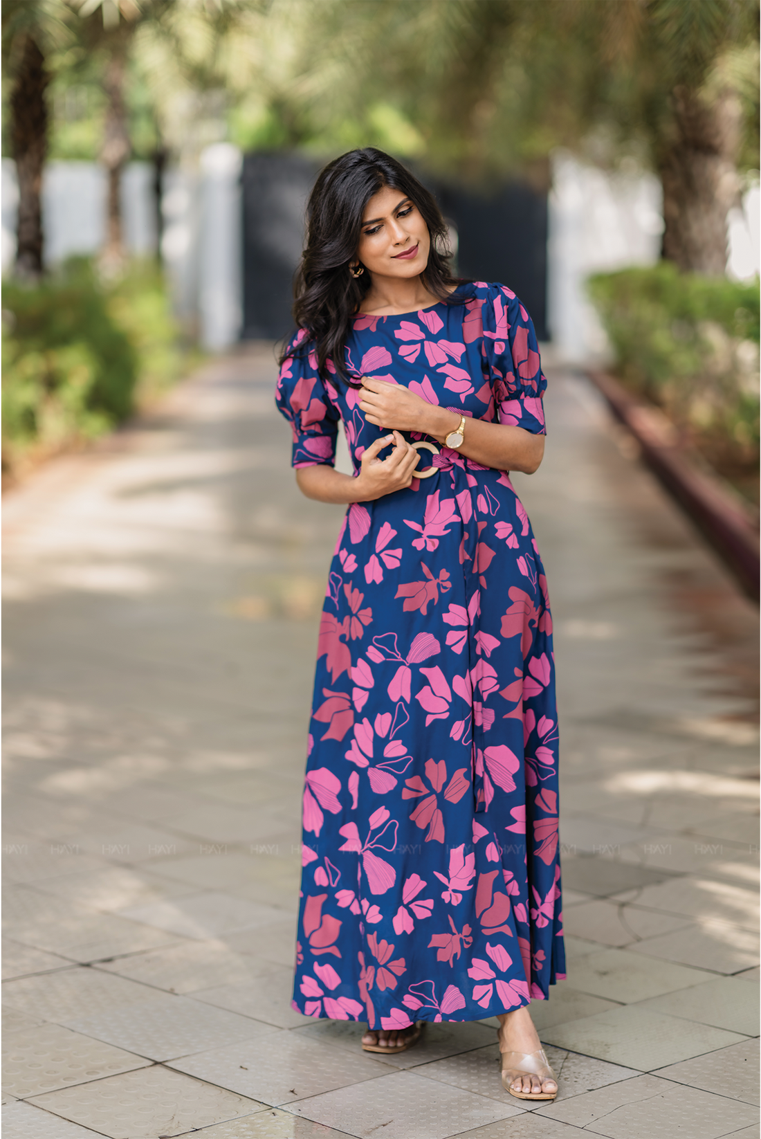 Berry Noir Blue Viscose Dress with Puff Sleeves &amp; Belt