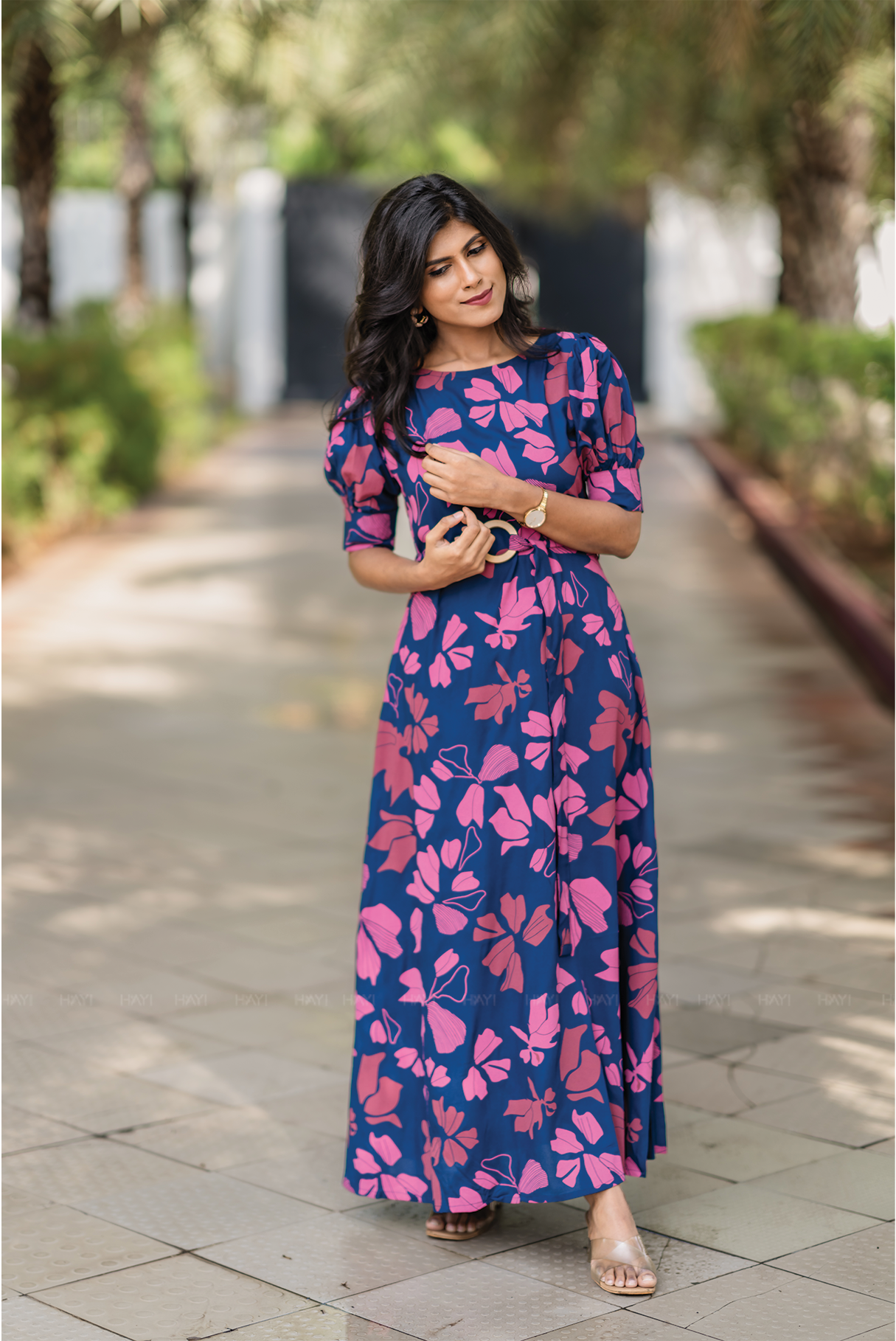 Berry Noir Blue Viscose Dress with Puff Sleeves &amp; Belt