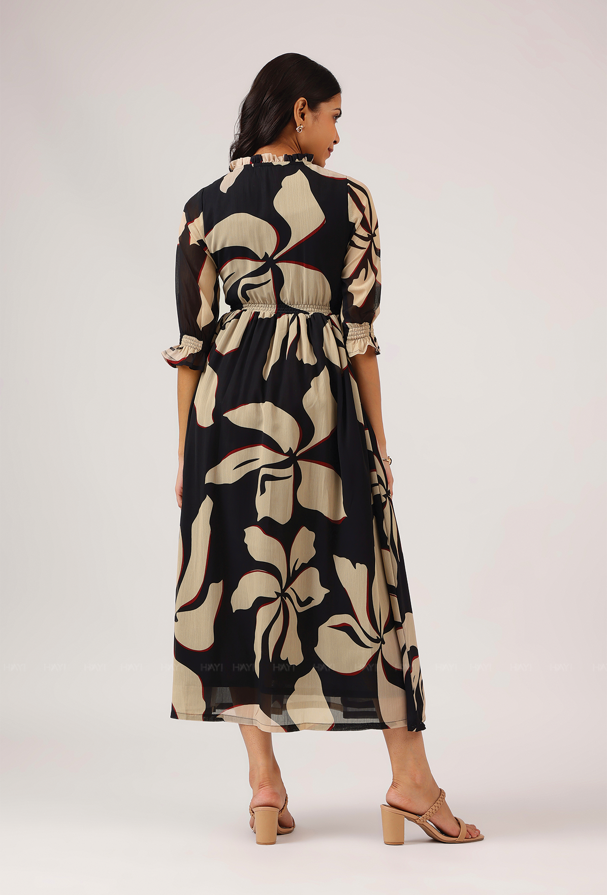 Spear Black with Charcoal Ink printed Lux Georgette dress
