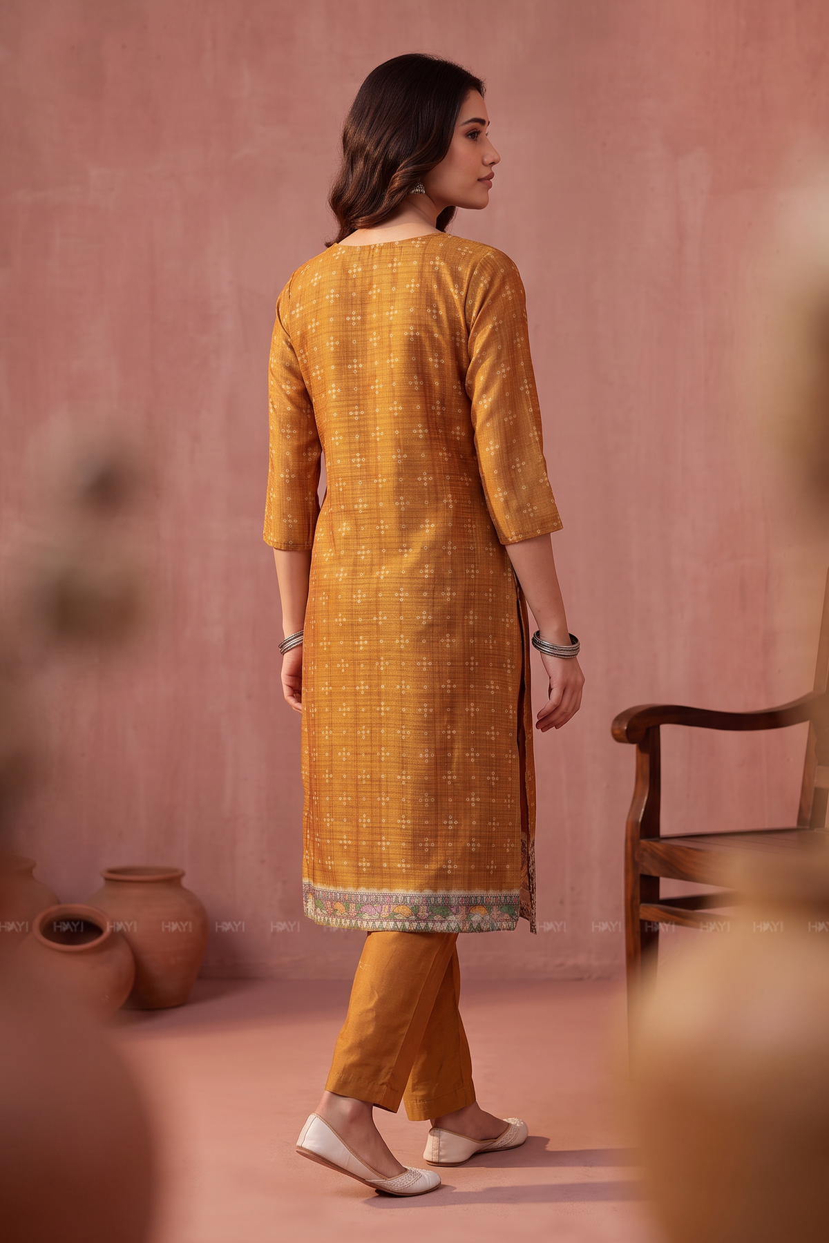 Earthy Grace Mustard Silk Blend Printed 3-Piece Kurta Set