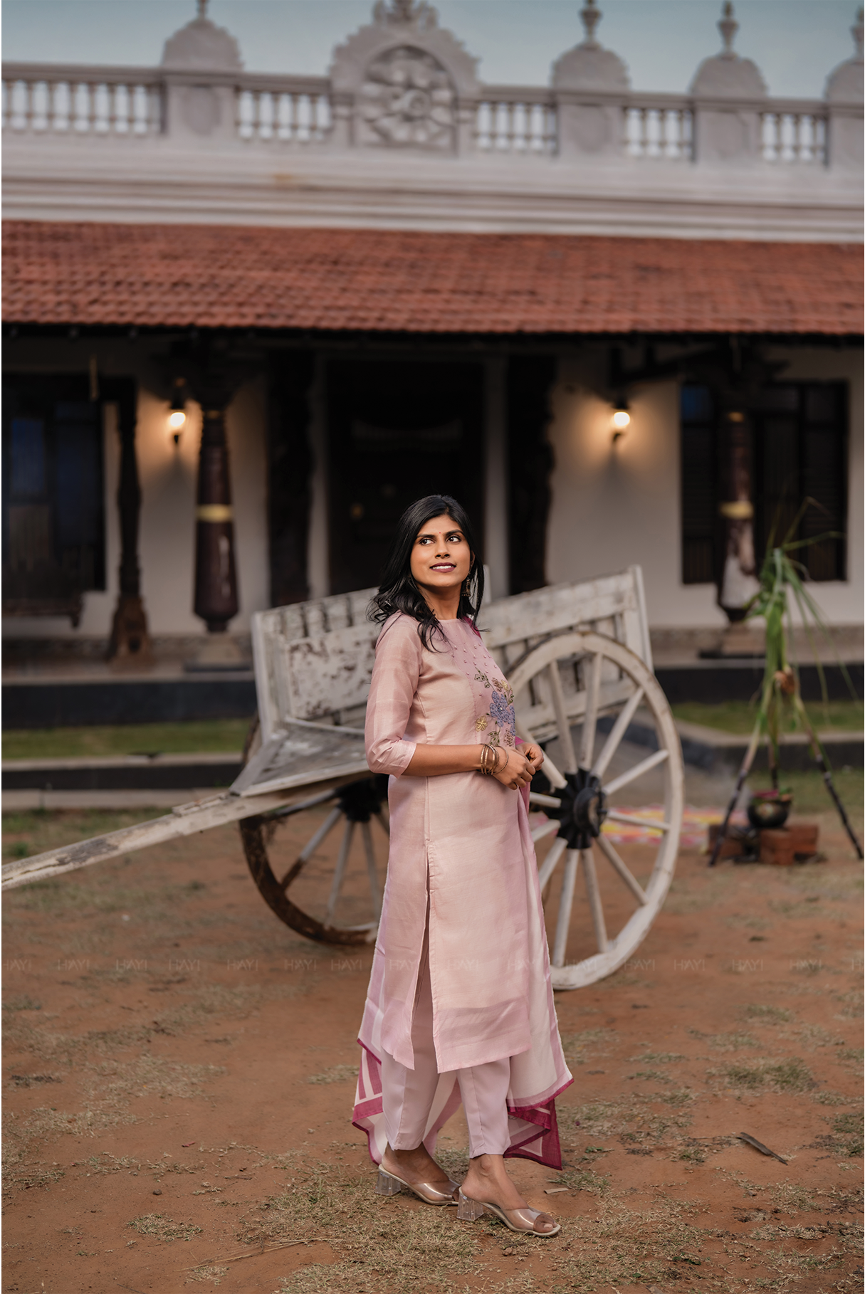 Rose Mist Light Pink 3 Piece Tussar Silk Blend Floral Embroidered &amp; Printed Kurta with Pant &amp; Dupatta