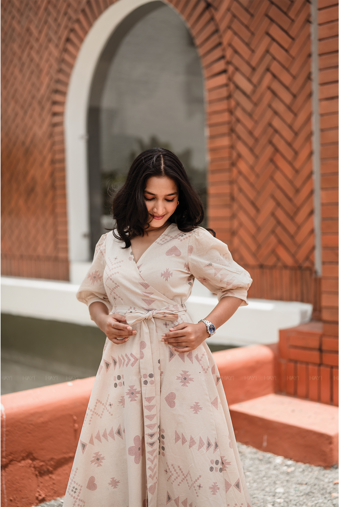 Puffy Poise Beige Cotton Blend Wrap Dress with V-Neckline &amp; Puff Sleeves