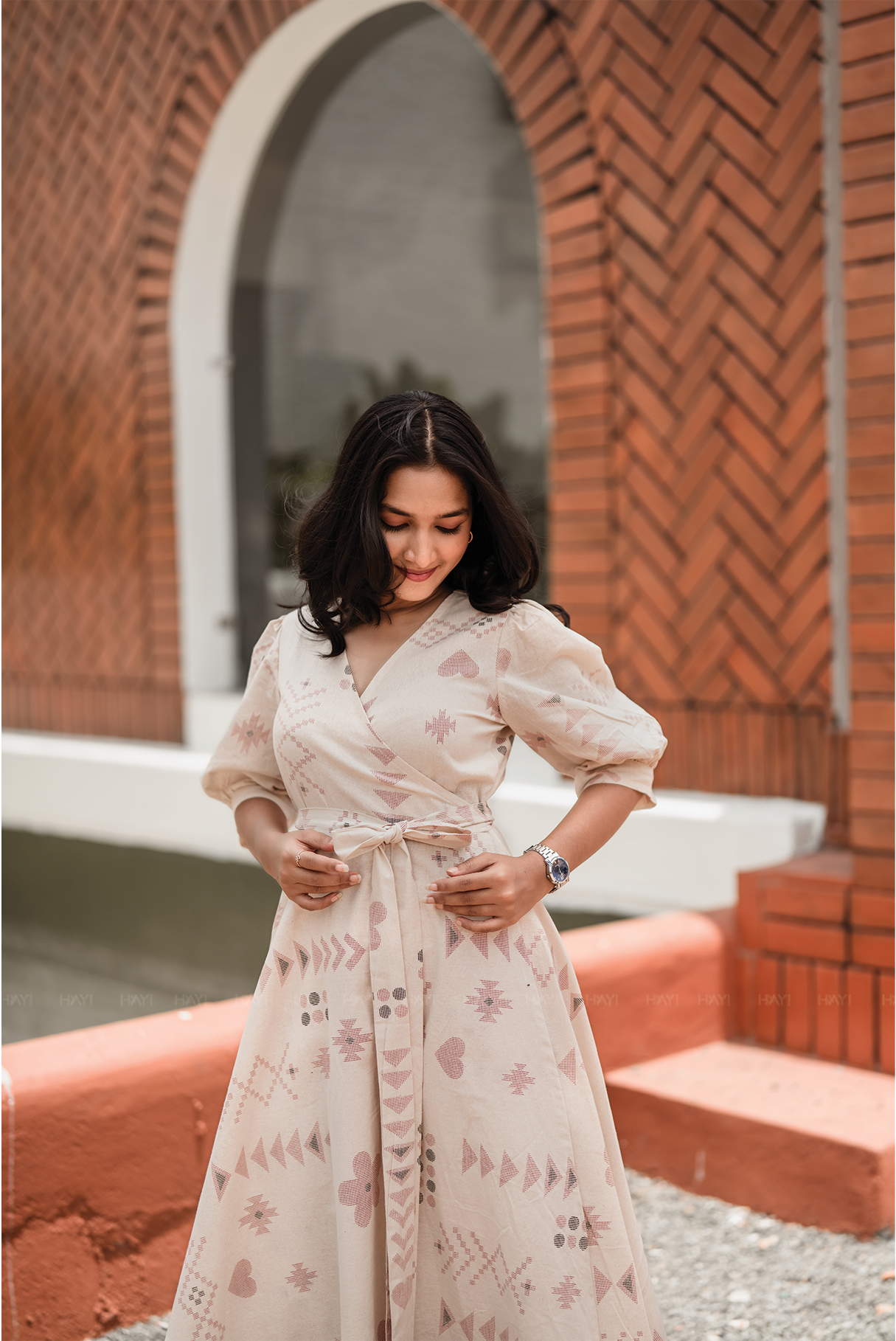 Puffy Poise Beige Cotton Blend Wrap Dress with V-Neckline &amp; Puff Sleeves