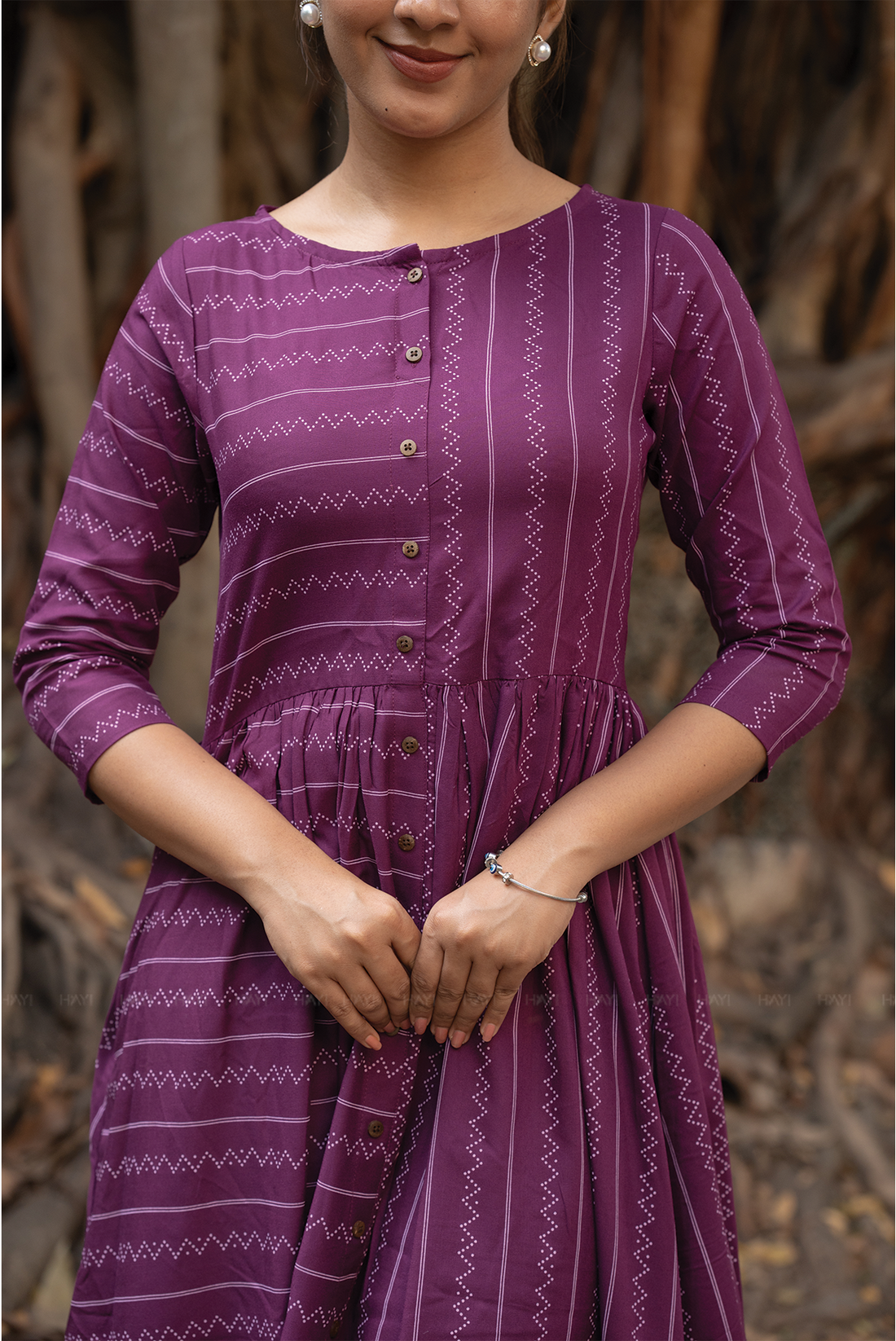 Grape Line Violet Viscose Dress with Boat Neck &amp; 3/4th Sleeves