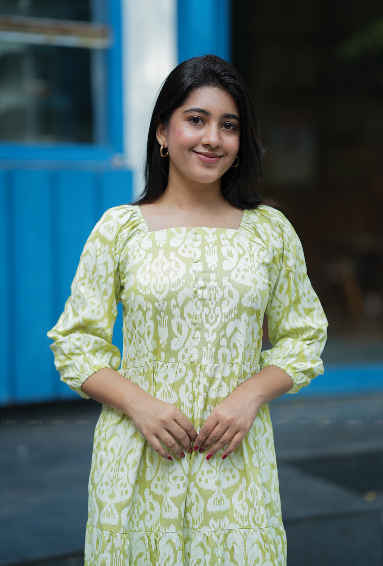 Grandeur Green with Olive Mist Printed Viscose Dress