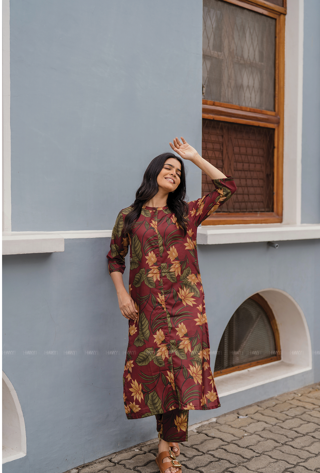 Terra Red with Earthy Boho floral printed Man-made Fibre Co Ords
