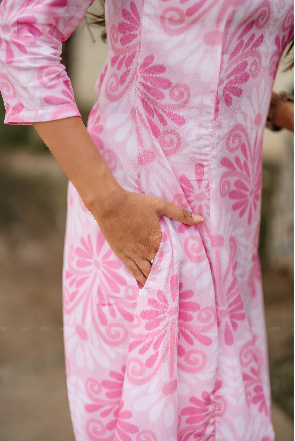 Blush Pink Textured Viscose A-Line Kurta with Boat Neck &amp; 3/4th Sleeves