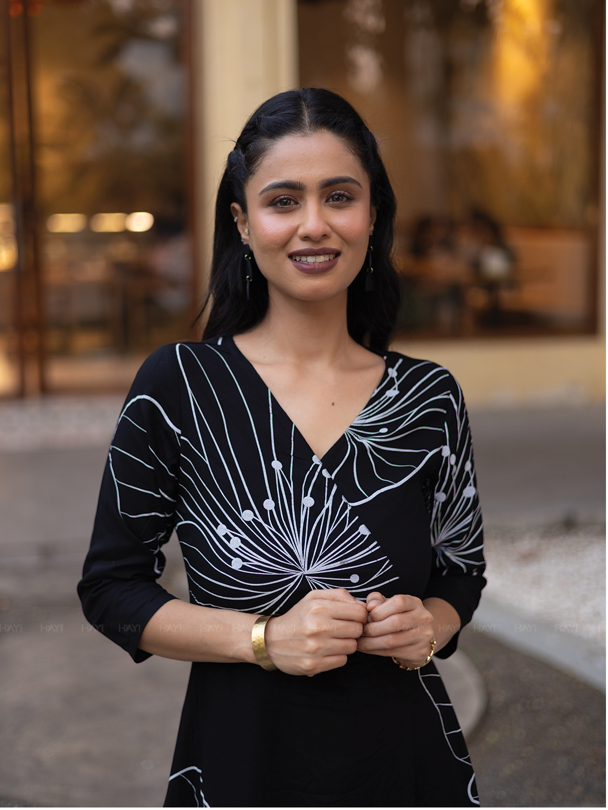 Ebony Blossom Black Viscose Dress with V-neck &amp; 3/4th Sleeves