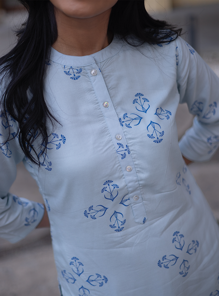 Willow Mist Blue Viscose Co-ord with Chinese Collar &amp; 3/4th sleeves