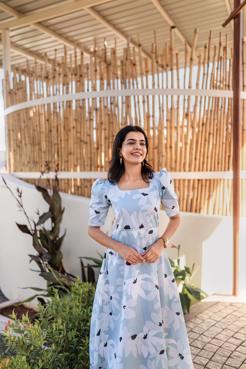 Fleur Blue Cotton Blend Dress with Rounded Square Neck &amp; Leg-O-Mutton Sleeves